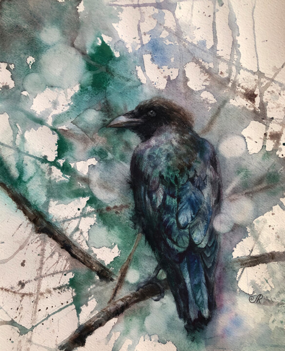 Schilderij getiteld "Crow 2 The world of…" door Lolita Ros, Origineel Kunstwerk, Aquarel