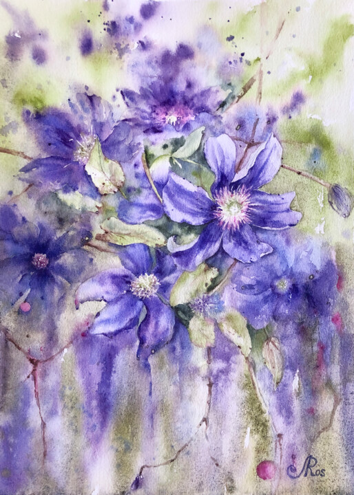 Schilderij getiteld "Blue flowers painti…" door Lolita Ros, Origineel Kunstwerk, Aquarel