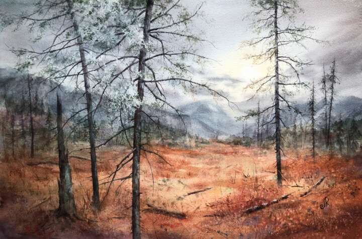 Painting titled "Forest Painting Sun…" by Lolita Ros, Original Artwork, Watercolor