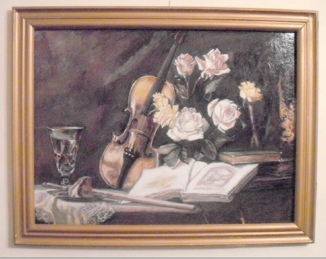 Painting titled "decor with violin a…" by Vranceanu Aurelian, Original Artwork, Oil