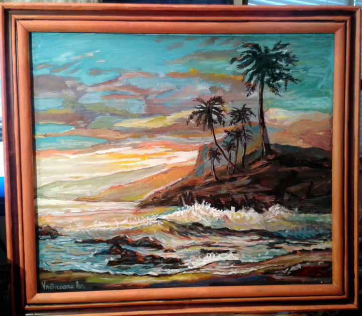 Painting titled "The cliff sunset" by Vranceanu Aurelian, Original Artwork, Oil