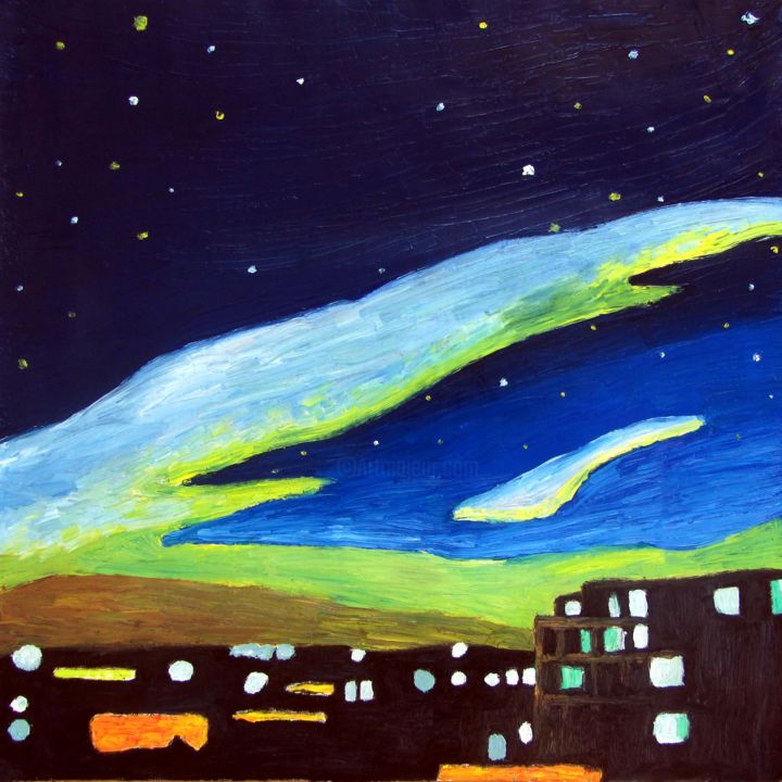 Painting titled "The Starry Night" by Longxing Huang, Original Artwork, Oil