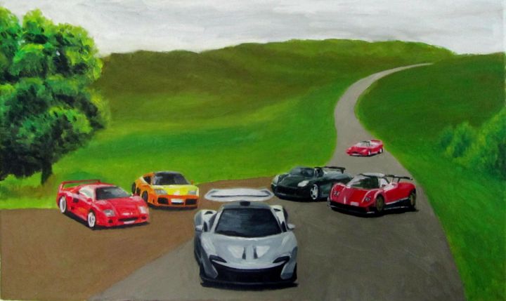 Painting titled "Sportscar" by Longxing Huang, Original Artwork, Oil