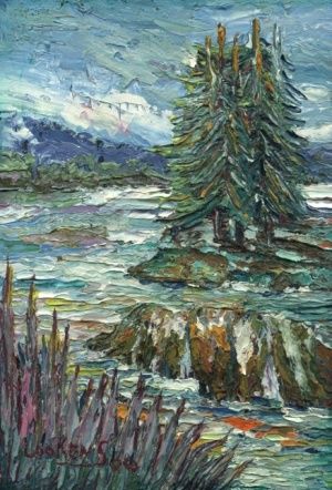 Painting titled "Île aux sapins" by Lookens Alias Nolseko, Original Artwork, Oil