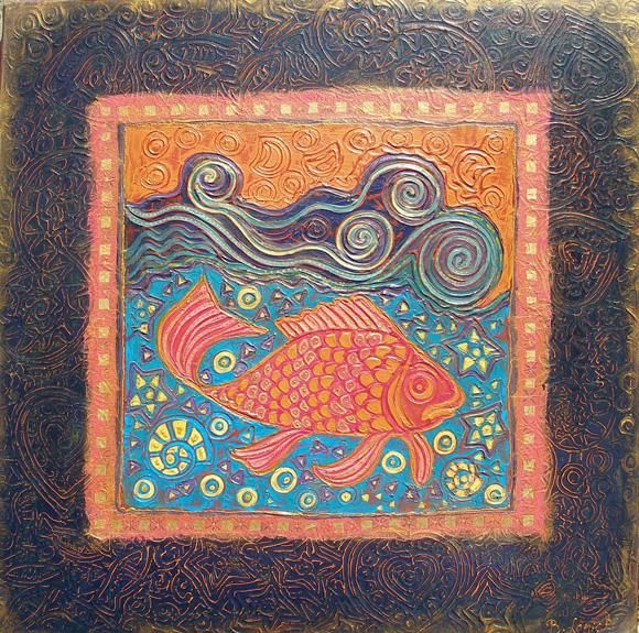 Peinture intitulée "poisson rouge" par Bernadette Lopicki, Œuvre d'art originale