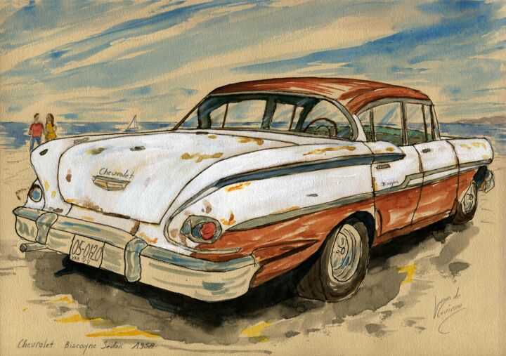 Painting titled "Chevrolet Biscayne…" by Loran De Cevinne, Original Artwork, Watercolor