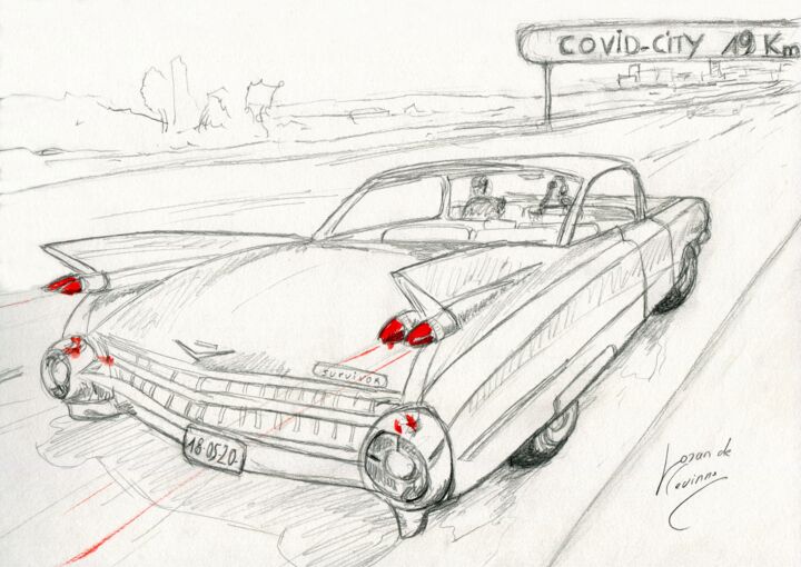 Schilderij getiteld "Cadillac " Survivor…" door Loran De Cevinne, Origineel Kunstwerk, Potlood