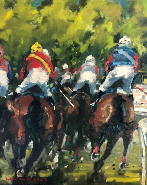Painting titled "COURSE A DEAUVILLE…" by Lorann Lacave -Ladeuix, Original Artwork, Oil Mounted on Wood Stretcher frame