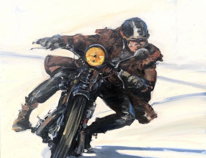 Painting titled "Moto rétro vintage" by Lorann Lacave -Ladeuix, Original Artwork, Oil Mounted on Wood Stretcher frame