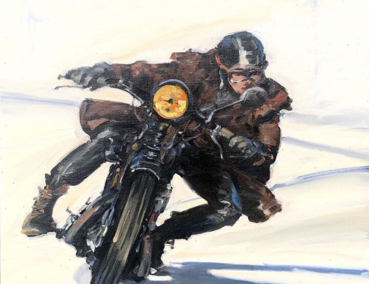 Peinture intitulée "Moto rétro vintage" par Lorann Lacave -Ladeuix, Œuvre d'art originale, Huile Monté sur Châssis en bois