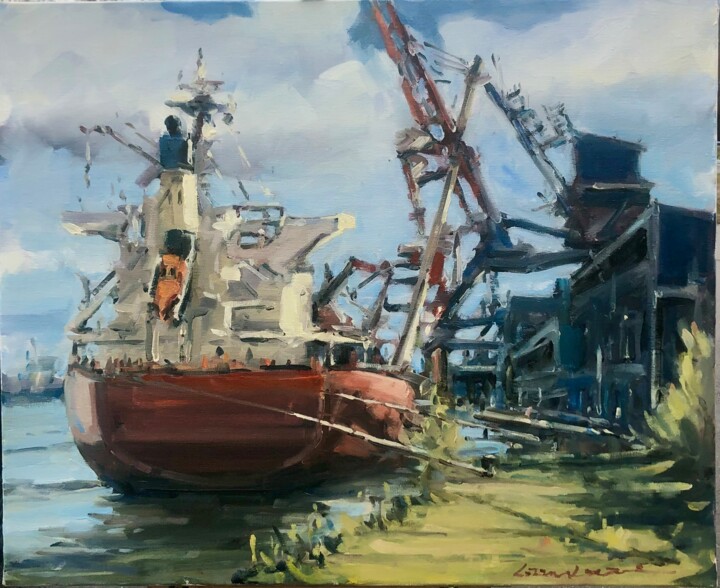 Pittura intitolato "Port de bord de mer" da Lorann Lacave -Ladeuix, Opera d'arte originale, Olio