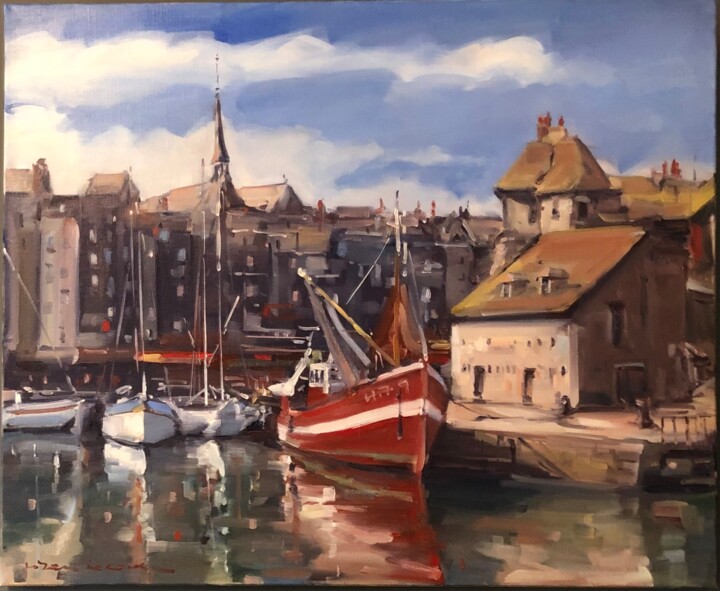 Painting titled "Honfleur Normandie" by Lorann Lacave -Ladeuix, Original Artwork, Oil Mounted on Wood Stretcher frame