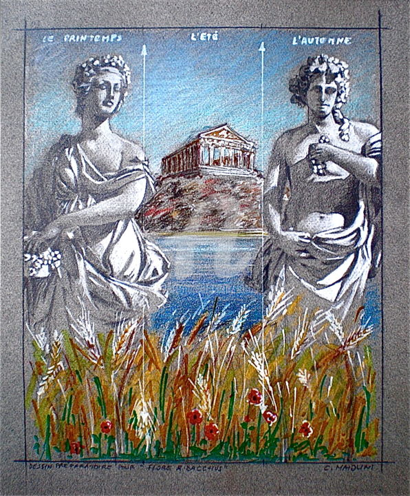 Рисунок под названием "" FLORE & BACCHUS "" - Carlo Maiolini, Подлинное произведение искусства, Пастель