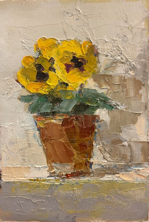 Painting titled "Yellow pansies" by Lorena Iavorschi, Original Artwork, Oil