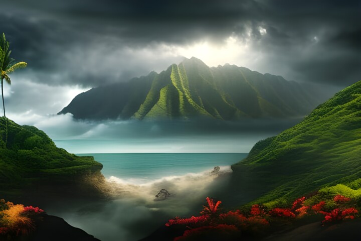 Digital Arts titled "Paesaggio hawaiiano" by Lorenzo Corti, Original Artwork, AI generated image