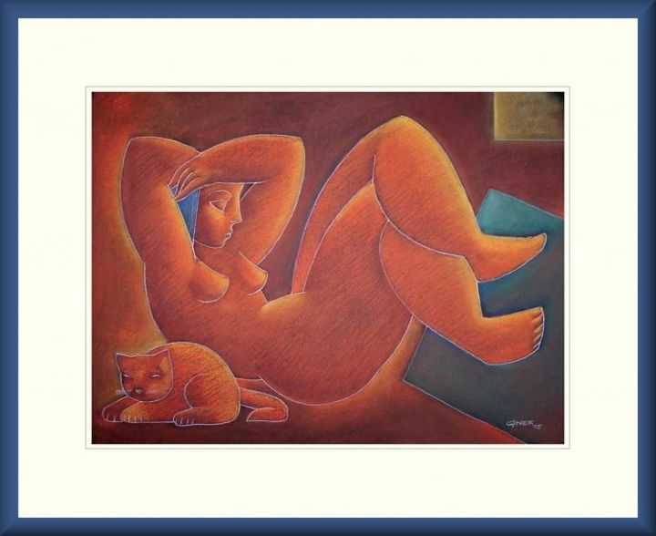 Peinture intitulée "Femme et chatte..." par Giner, Œuvre d'art originale