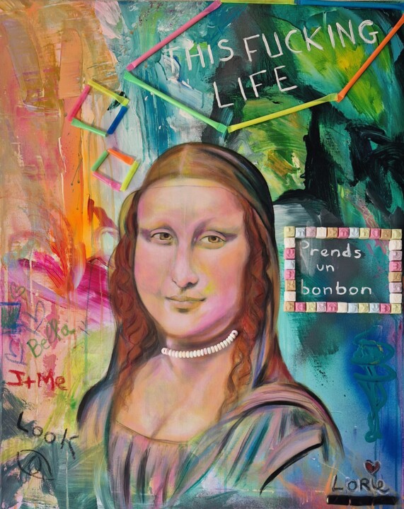 Painting titled "Mona Lisa en 2023" by Lorie Renaud, Original Artwork, Acrylic Mounted on Wood Stretcher frame