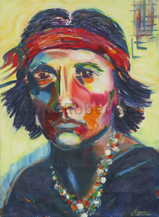 Pintura intitulada "Cherokee Boy" por Lorna Dooling Robertson, Obras de arte originais, Óleo