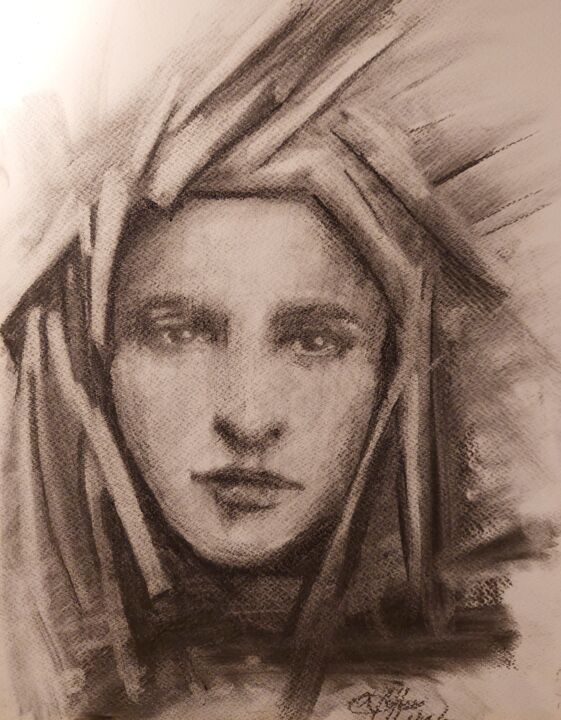 Drawing titled "Lifting the Veil" by Lorraine Coffey, Original Artwork, Charcoal