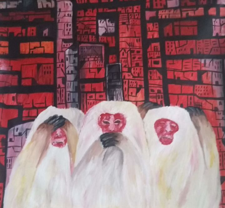 Pintura intitulada "Three Monkeys" por Lorrany Dutra, Obras de arte originais, Óleo