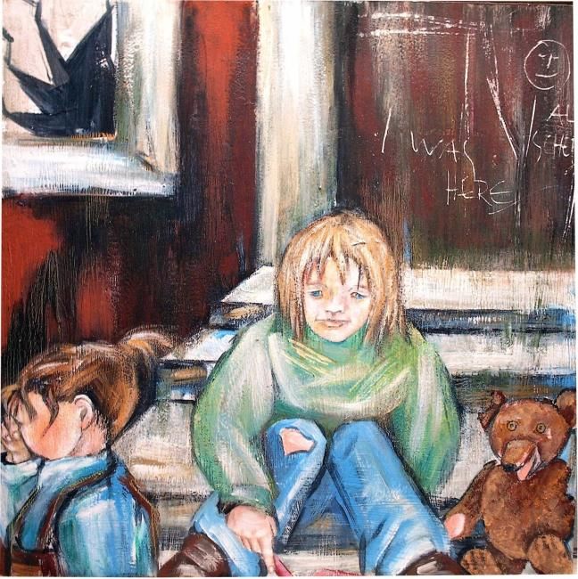 Pintura intitulada "Kinder auf der Trep…" por Maren Fiebig, Obras de arte originais, Óleo
