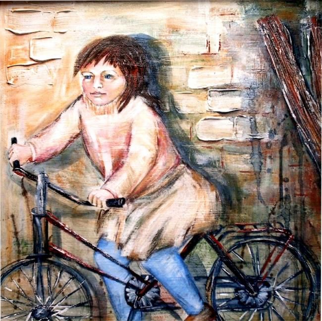 Malerei mit dem Titel "Kind mit Fahrrad" von Maren Fiebig, Original-Kunstwerk, Öl