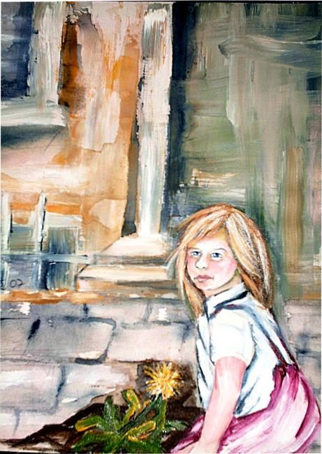Malerei mit dem Titel "Kind mit Loewenzahn" von Maren Fiebig, Original-Kunstwerk, Öl