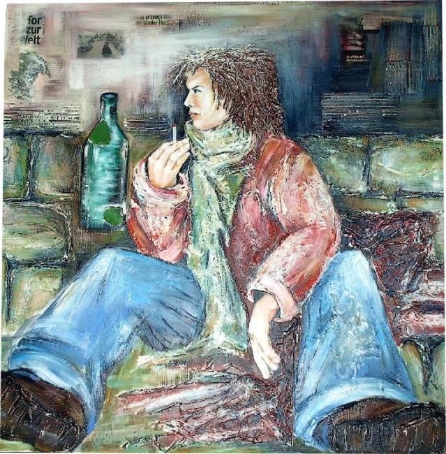 Malerei mit dem Titel "Gestalt mit Flasche" von Maren Fiebig, Original-Kunstwerk, Öl