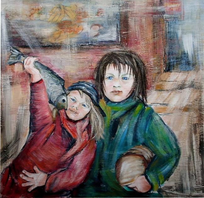 Painting titled "Kinder mit Fisch un…" by Maren Fiebig, Original Artwork, Oil