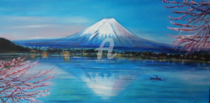 Painting titled "Reflejos Monte Fuji…" by Loubarca, Original Artwork, Oil Mounted on Wood Stretcher frame