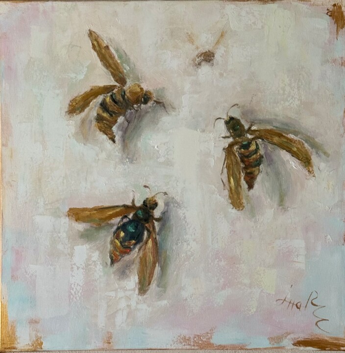 Painting titled "Abeilles" by Loudmila Harscouet, Original Artwork, Oil Mounted on Wood Stretcher frame