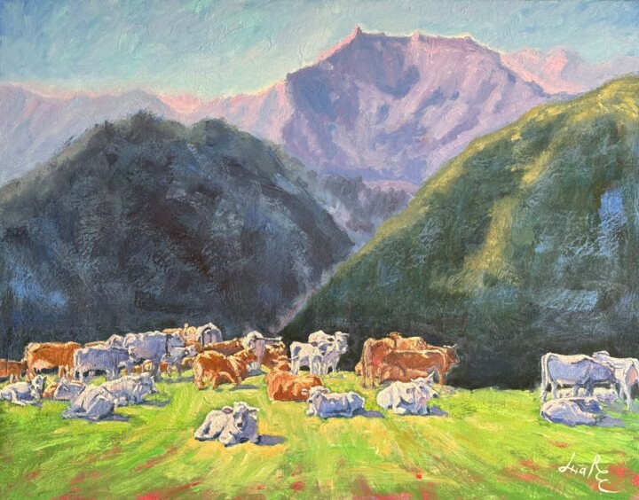 Painting titled "Midi dans les Pyrén…" by Loudmila Harscouet, Original Artwork, Oil Mounted on Wood Stretcher frame