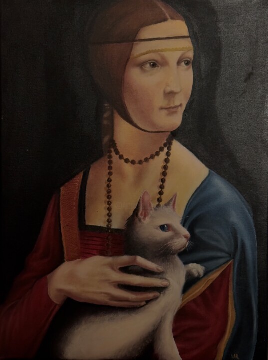 Pittura intitolato "Lady with an ermine" da Louie Louie, Opera d'arte originale, Olio Montato su Telaio per barella in legno