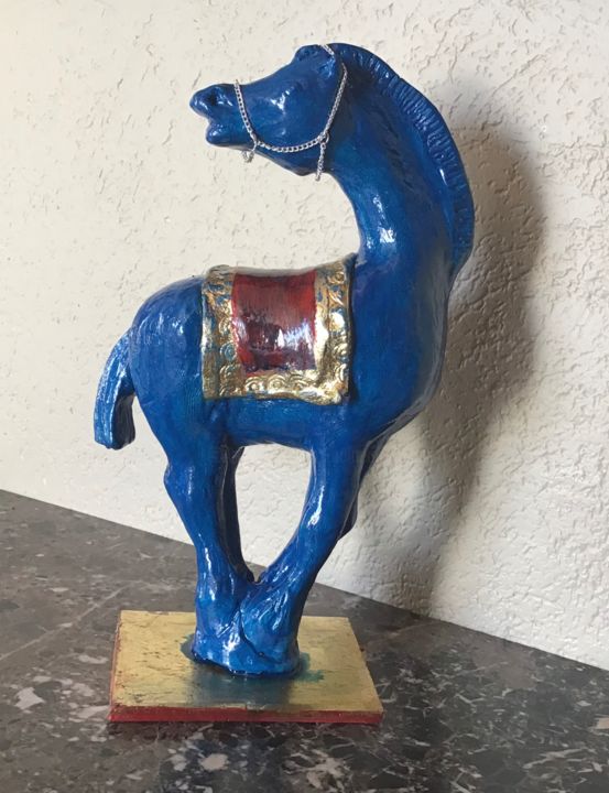 Sculpture titled "Cheval bleu Cèram" by Michel, Original Artwork, Clay