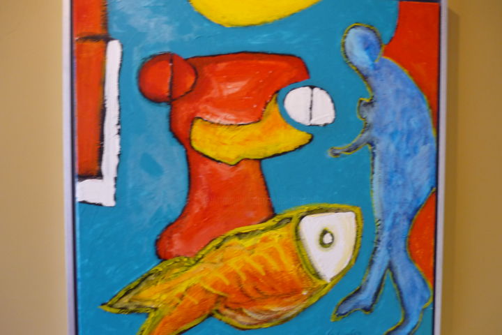 Schilderij getiteld "The Fish-hawker" door Louis Lambry, Origineel Kunstwerk, Acryl