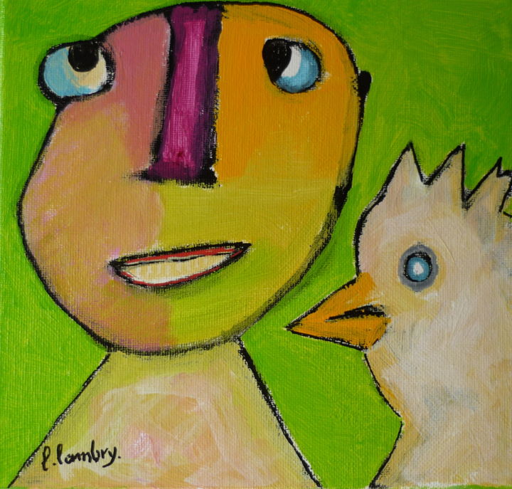 Schilderij getiteld "ONZE KIP" door Louis Lambry, Origineel Kunstwerk, Acryl