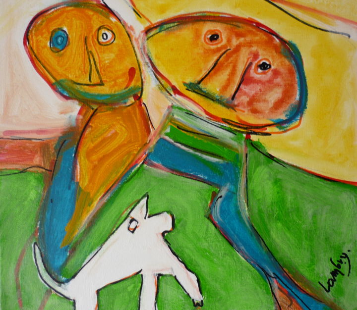 Painting titled "2 friends & white d…" by Louis Lambry, Original Artwork, Acrylic Mounted on Wood Stretcher frame
