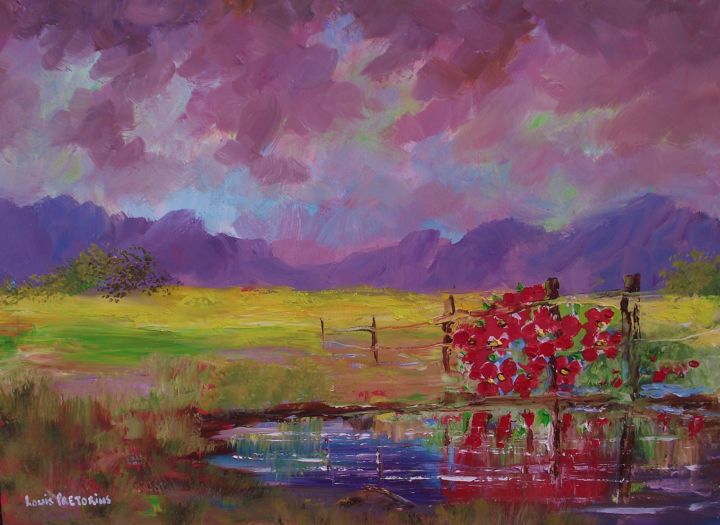 Painting titled "Red Fence Flowers" by Louis Pretorius, Original Artwork, Oil