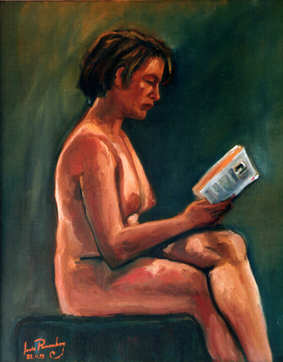 Painting titled "ELISE LA LECTRICE" by Louis Runemberg, Original Artwork, Oil Mounted on Wood Stretcher frame