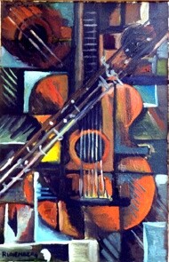 Painting titled "GUITARE A LA GEORGE…" by Louis Runemberg, Original Artwork, Oil Mounted on Wood Stretcher frame