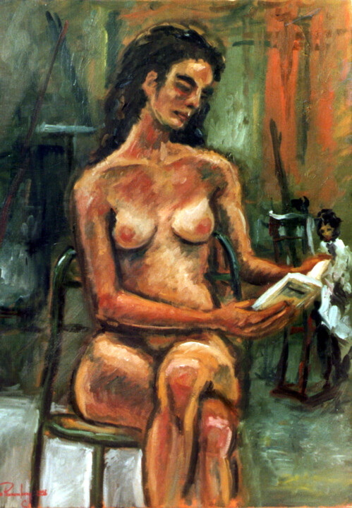 Painting titled "LECTRICE NUE" by Louis Runemberg, Original Artwork, Oil Mounted on Wood Stretcher frame