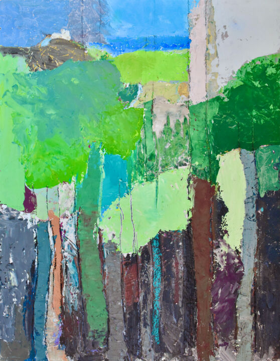 Painting titled "Paysage avec des ar…" by Louisa Vernet-Déan, Original Artwork, Acrylic Mounted on Cardboard