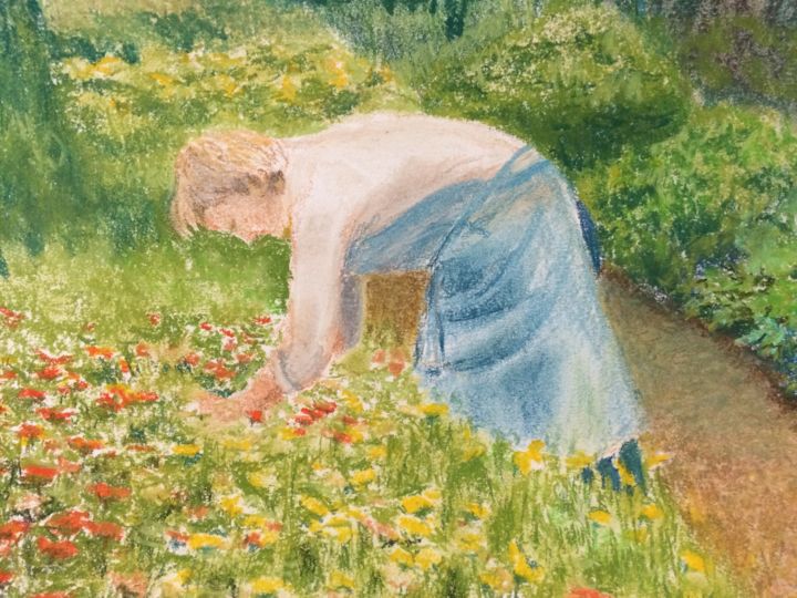 Peinture intitulée "Tending marigolds" par Louisa Linton, Œuvre d'art originale, Pastel