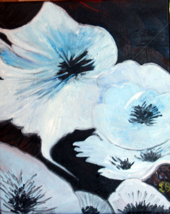 Painting titled "fleurs-en-eau-profo…" by Louise Bressange, Original Artwork, Oil