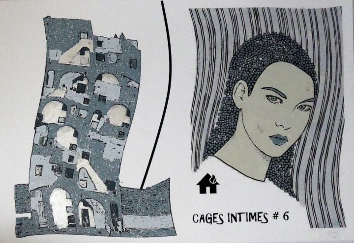 「CAGES INTIMES # 6」というタイトルの絵画 Louise Malbecによって, オリジナルのアートワーク, パステル