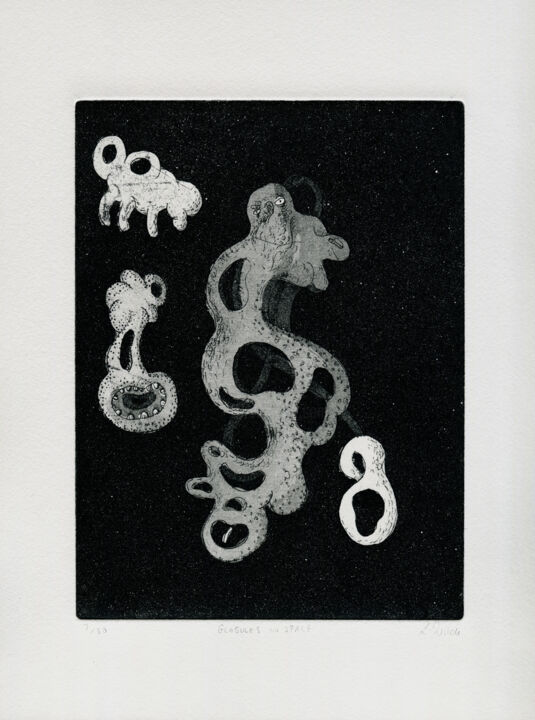 「Globules in Space」というタイトルの製版 Louise Wildeによって, オリジナルのアートワーク, エッチング