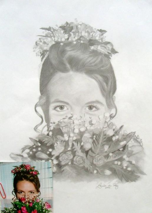 Dessin intitulée "Bride with flowers" par Louise Du Preez, Œuvre d'art originale