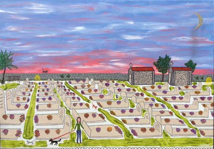 Peinture intitulée "Le Cimetière Joyeux" par Louise Montagne, Œuvre d'art originale, Acrylique