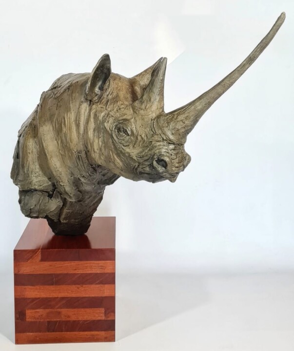 Sculpture titled "Rhino bust bronze" by Michael Cañadas, Original Artwork, Bronze