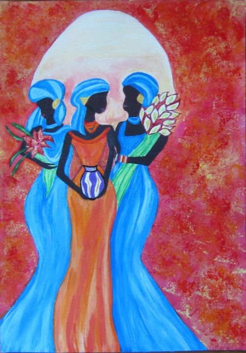 Painting titled "3 africanas" by Lourdes Molins Marin, Original Artwork